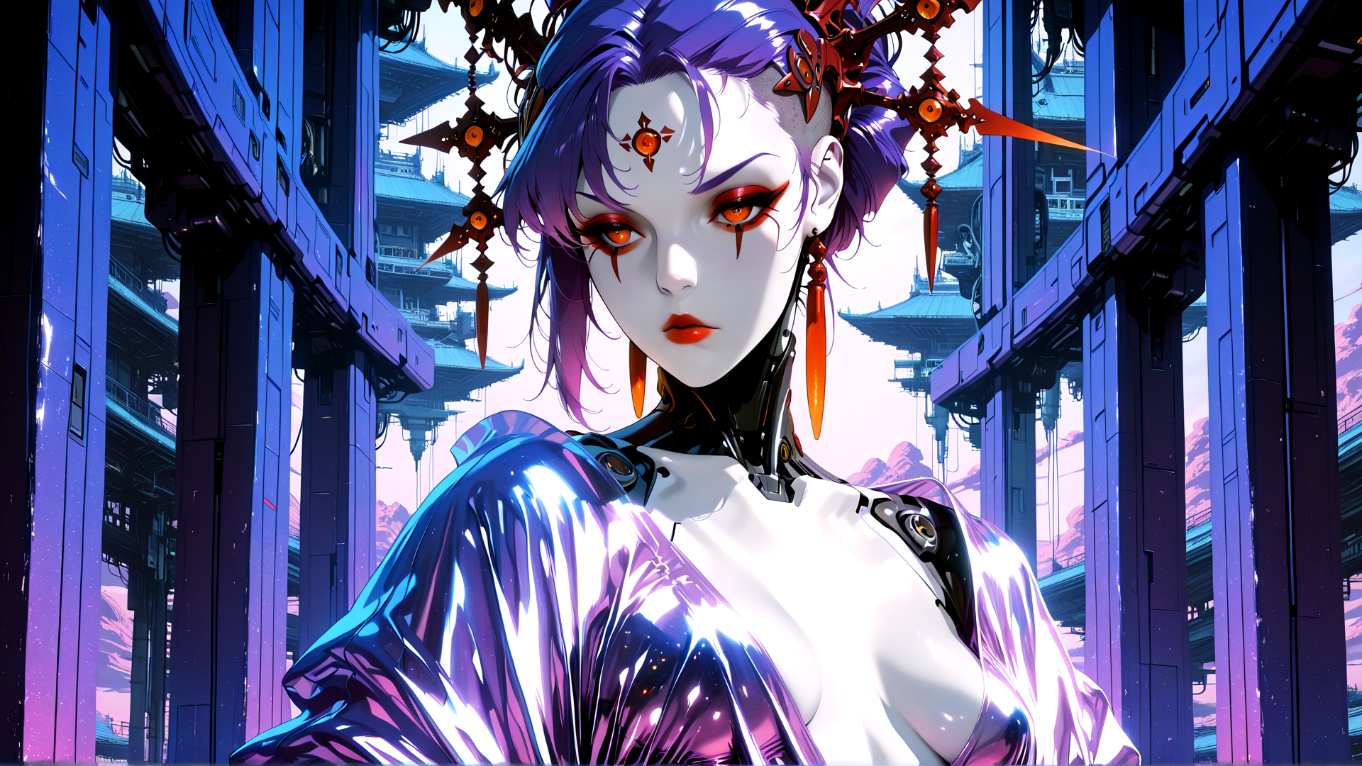 AI generated wallpaper featuring cyborg, woman, robot, anime, character, gears, ears, hair, jewelry, sleeve