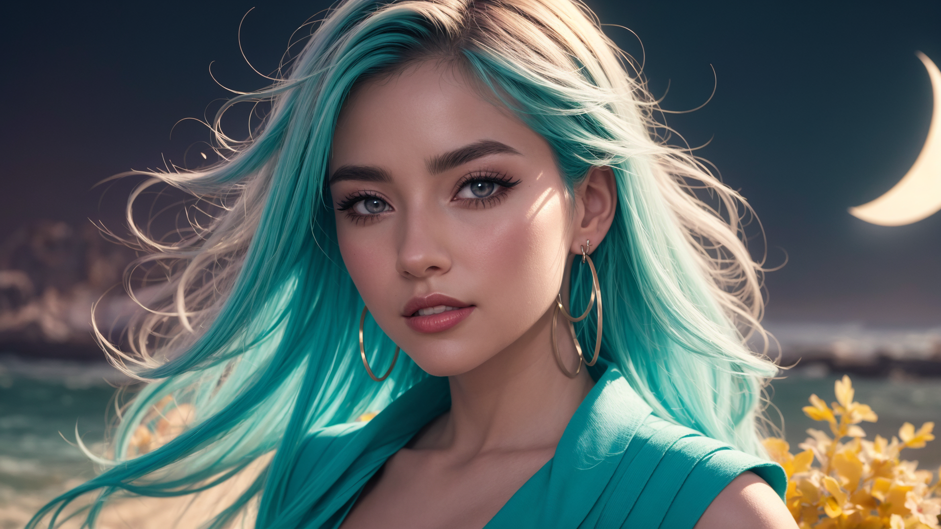 AI generated wallpaper featuring woman, hair, moon, ocean, flowers