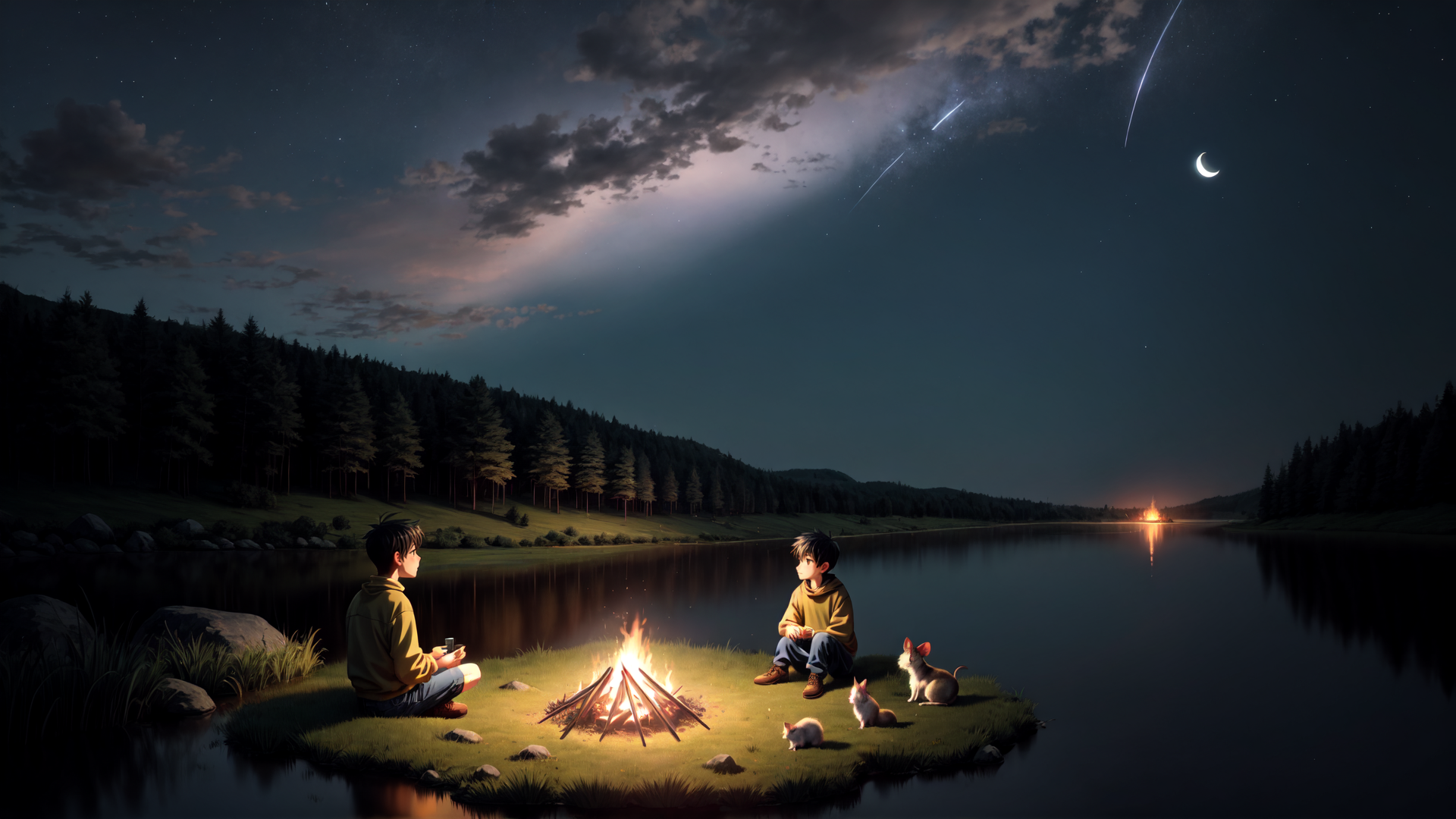 AI generated wallpaper featuring boys, campfire, fire, lake, forest, moons, stars, mice, mountain, firefly