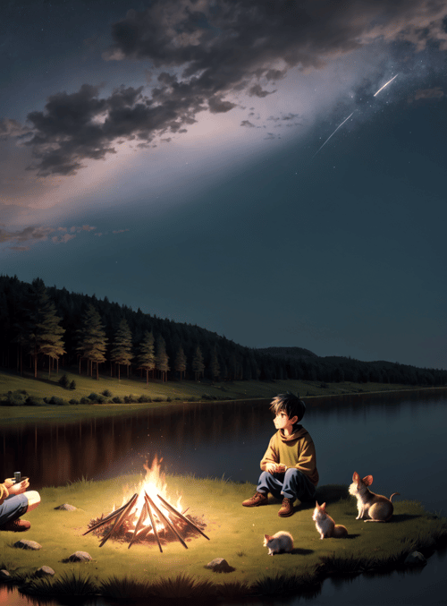 boys, campfire, fire, lake, forest, moons, stars, mice, mountain, firefly