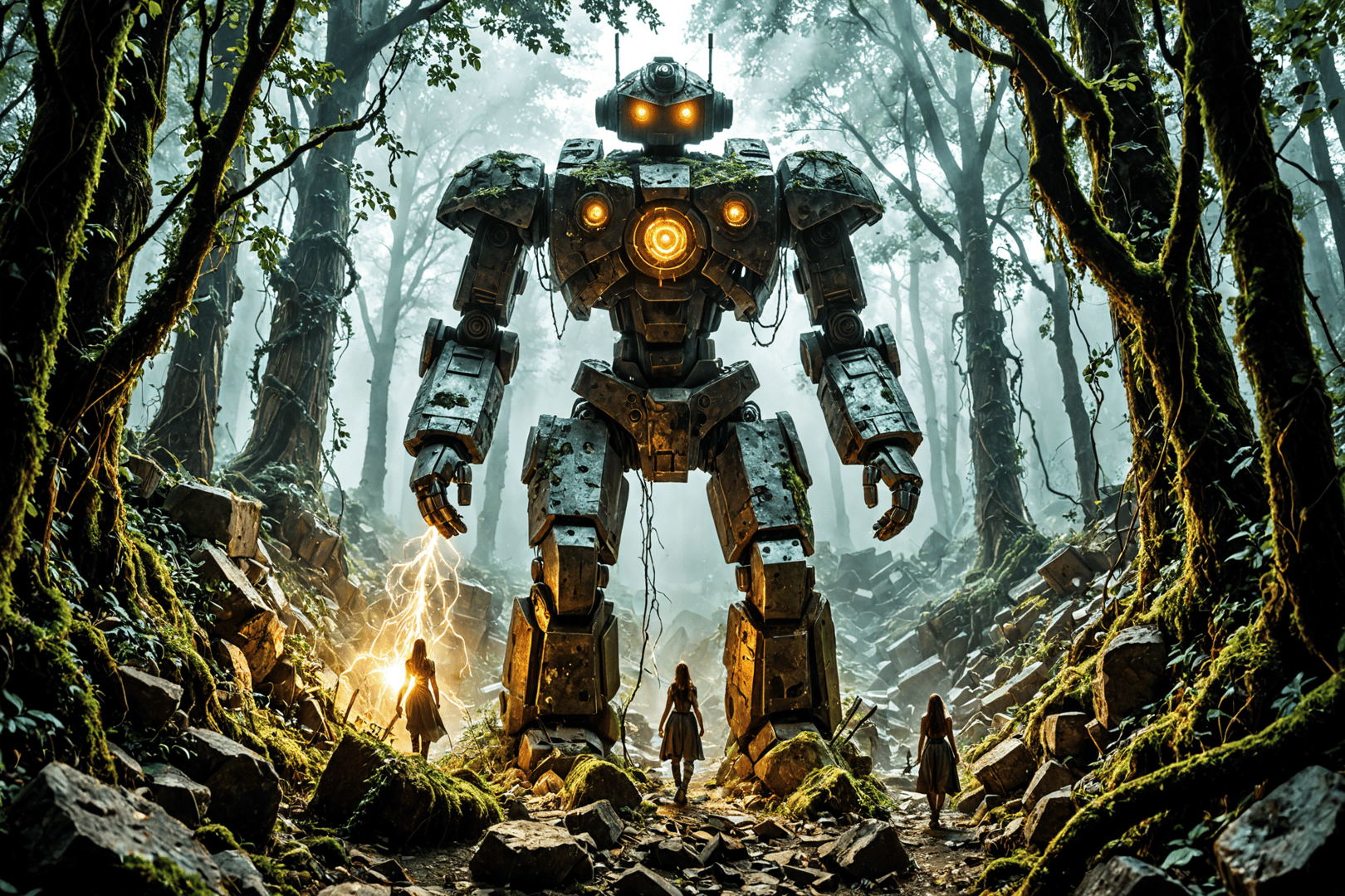 AI generated wallpaper featuring robot, forest, people