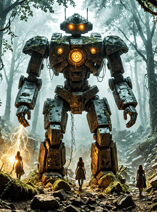 robot, forest, people