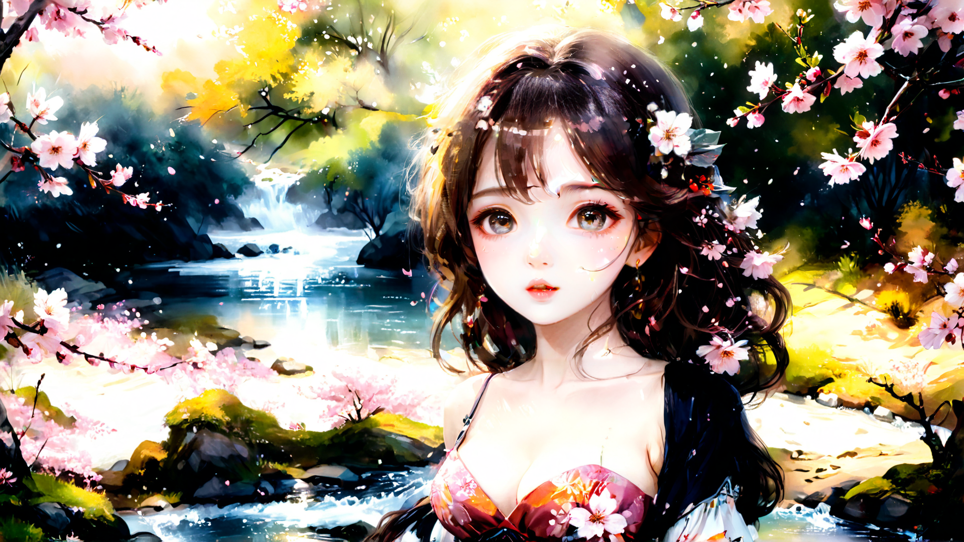AI generated wallpaper featuring girl, cherry blossom, river