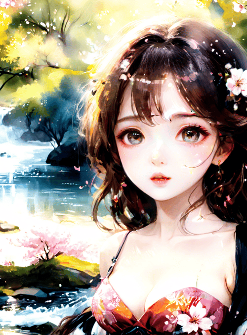 girl, cherry blossom, river