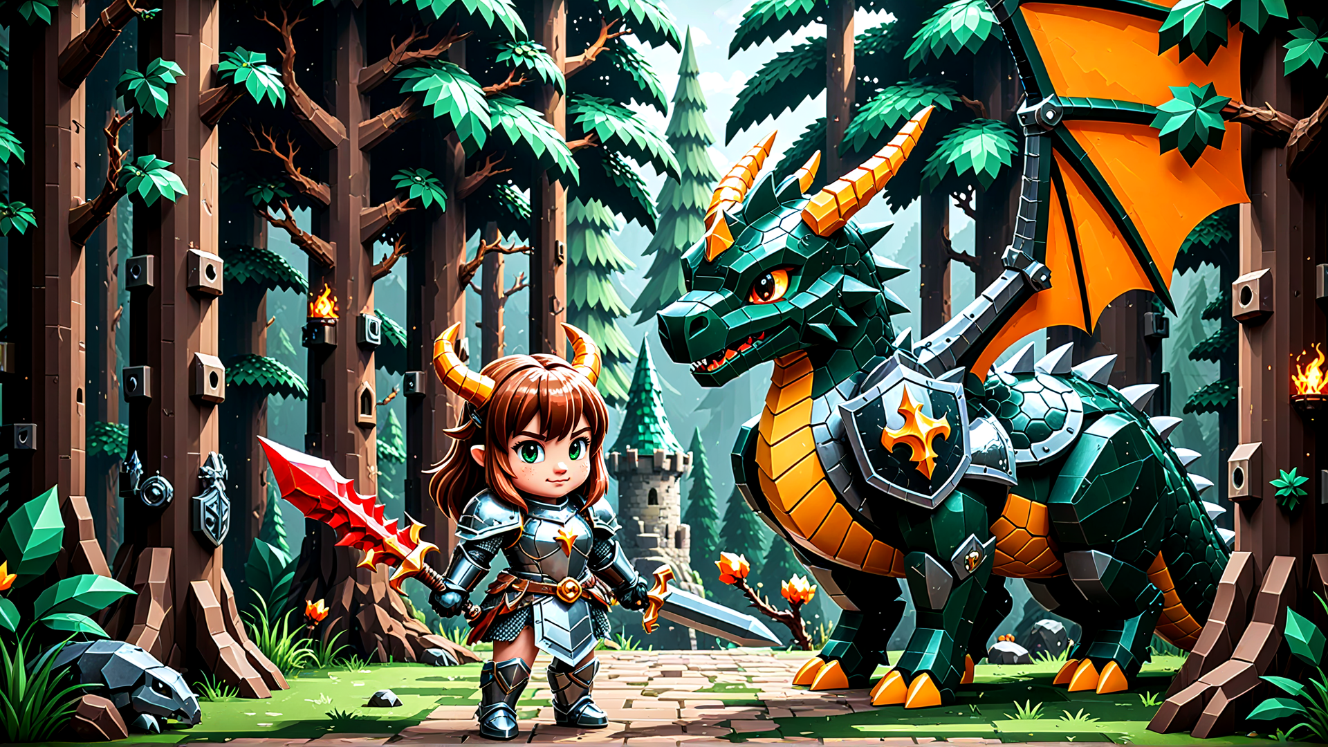 AI generated wallpaper featuring dragon, knight, forest, castle, sword