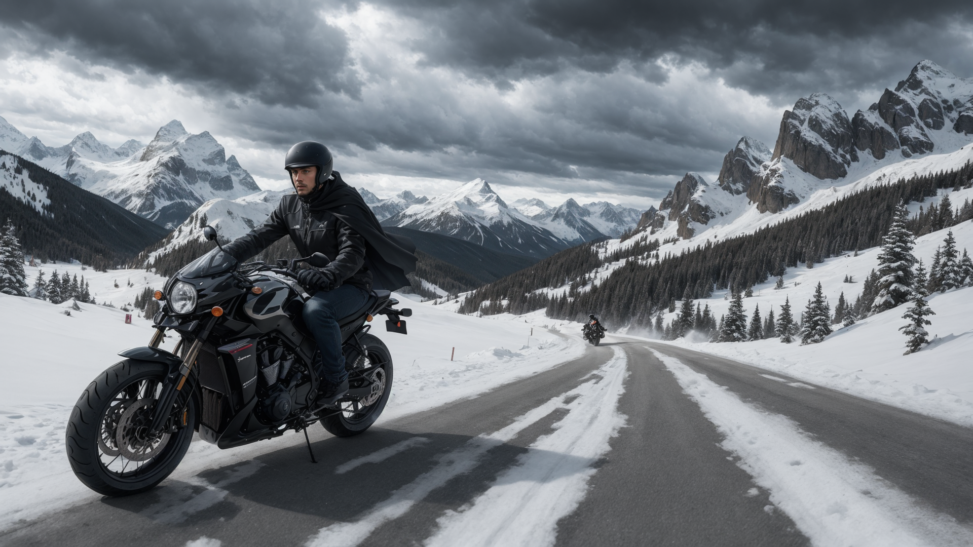 AI generated wallpaper featuring motorcyclist, mountain, road