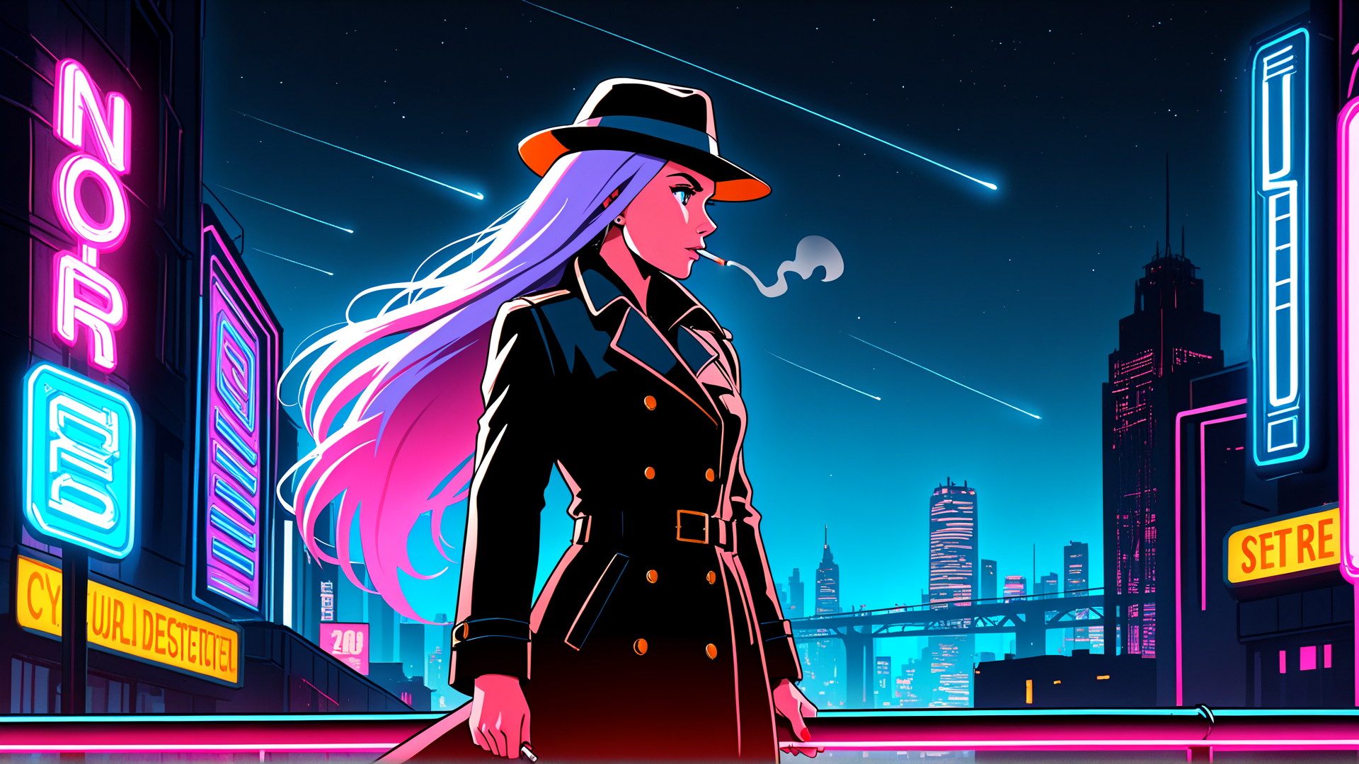 AI generated wallpaper featuring woman, hat, coat, neon, city, smoke