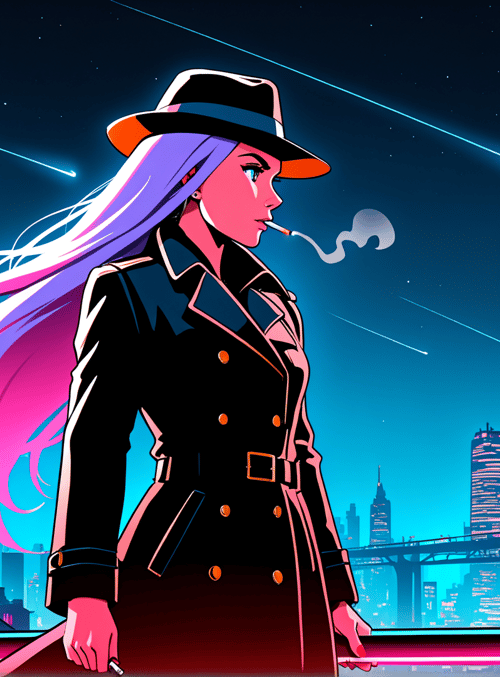 woman, hat, coat, neon, city, smoke