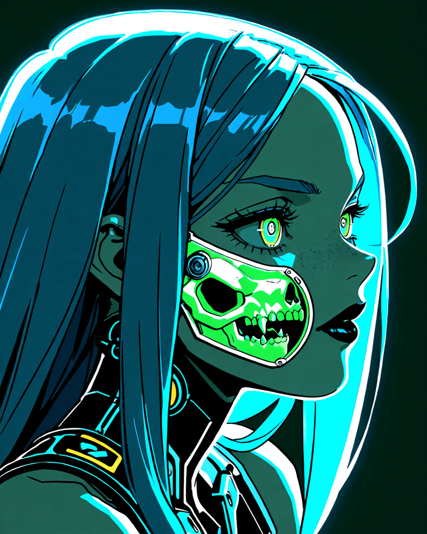 AI generated wallpaper featuring cyborg, girl, skeleton, mask, hair, goggles, ears, neck, shoulders, collar