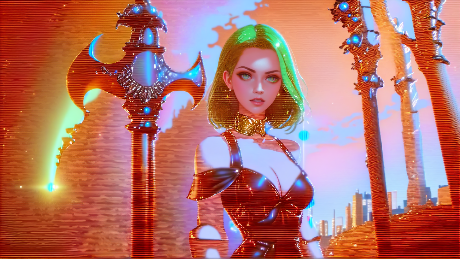 AI generated wallpaper featuring woman, giant axe, cityscape