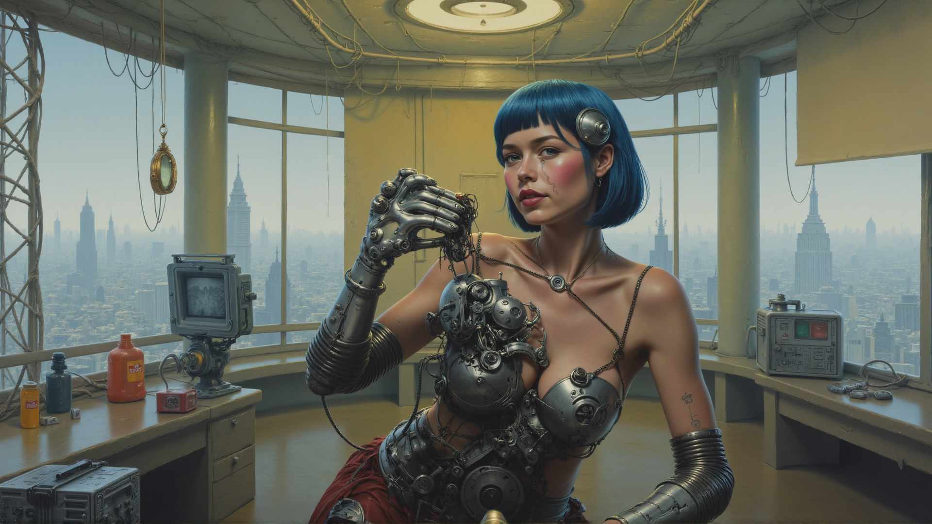 AI generated wallpaper featuring cyborg, woman, gloves, cityscape, mechanical, antenna, monitor, gears, suspension, chandelier