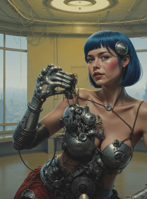 cyborg, woman, gloves, cityscape, mechanical, antenna, monitor, gears, suspension, chandelier
