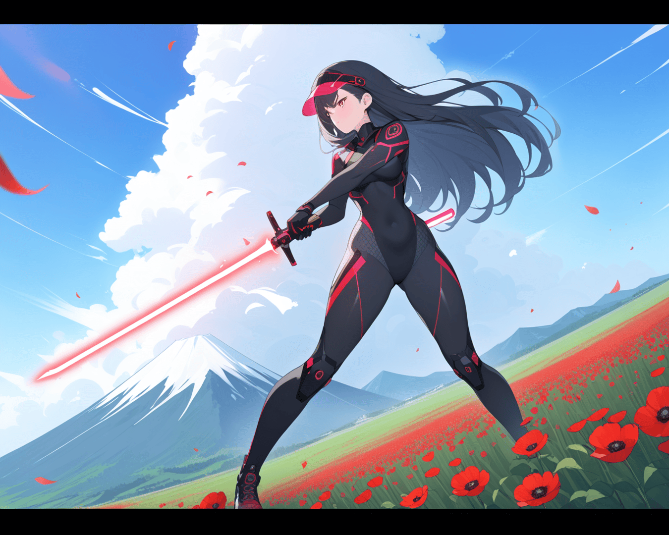AI generated wallpaper featuring anime character, sword, poppy field