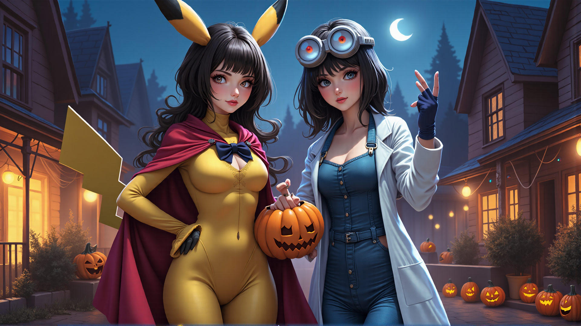 AI generated wallpaper featuring girl, pikachu, scientist, pumpkin, house, moon, goggles, cape, halloween, hand