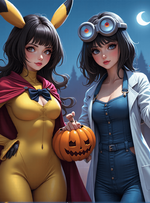 girl, pikachu, scientist, pumpkin, house, moon, goggles, cape, halloween, hand