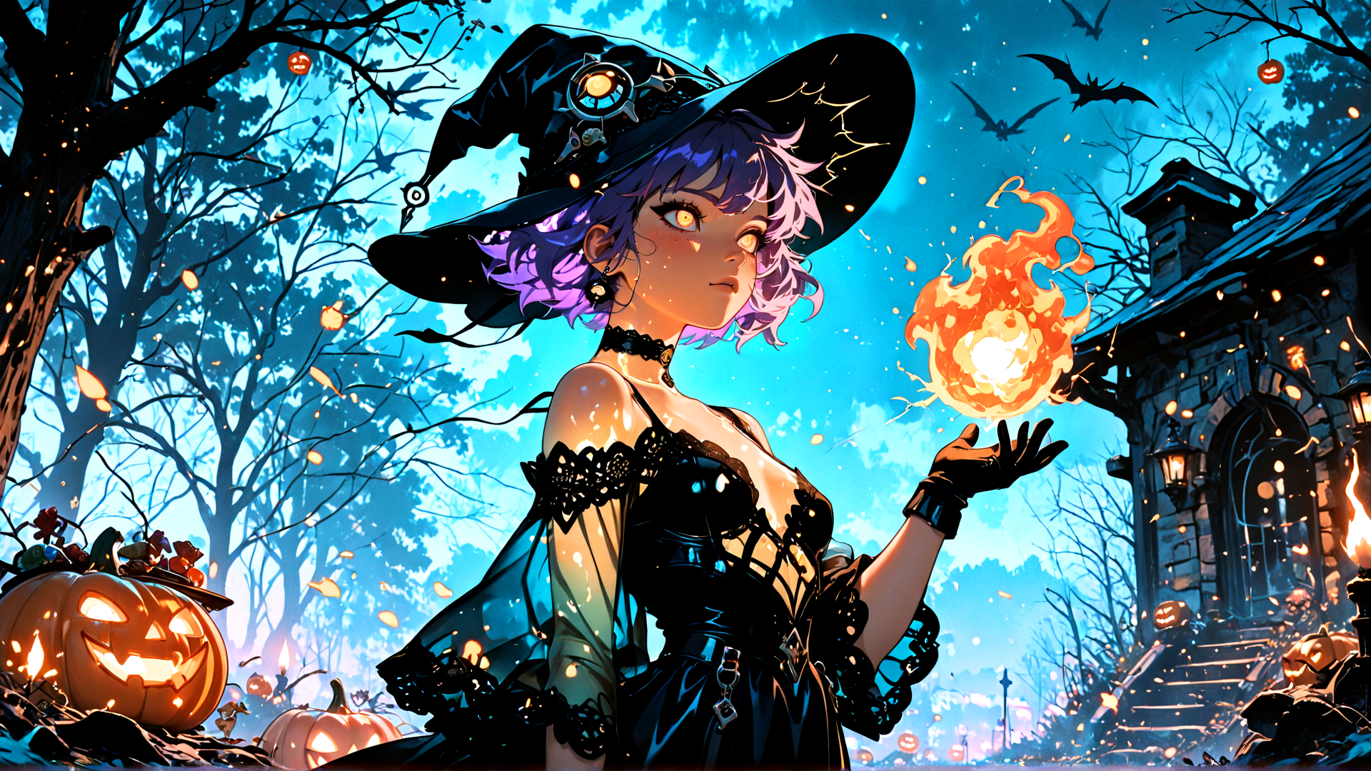 AI generated wallpaper featuring witch, pumpkin, bat, tree, house, fire, leaf