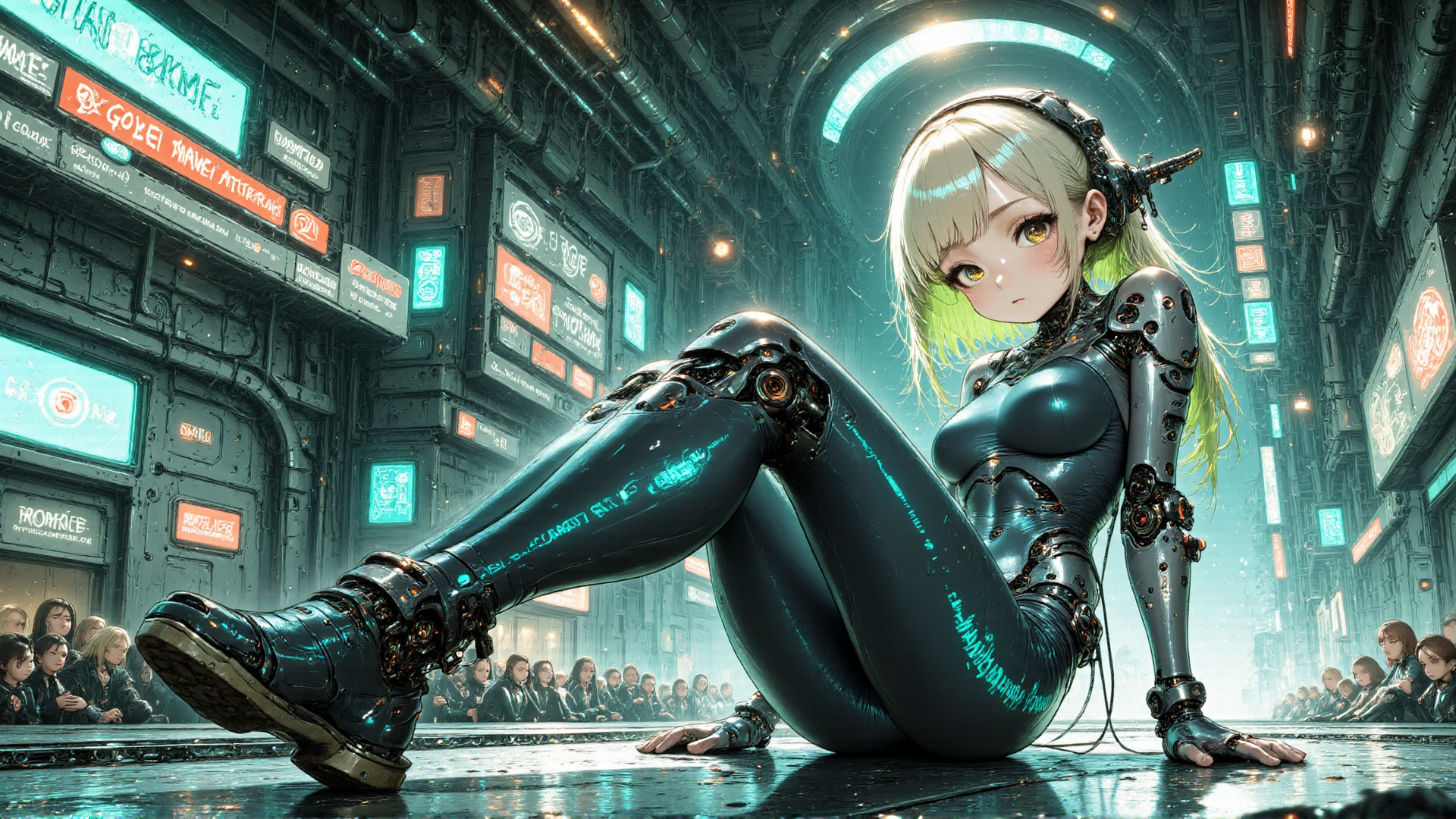 AI generated wallpaper featuring cyborg, anime girl, robot, neon, cityscape, futurism