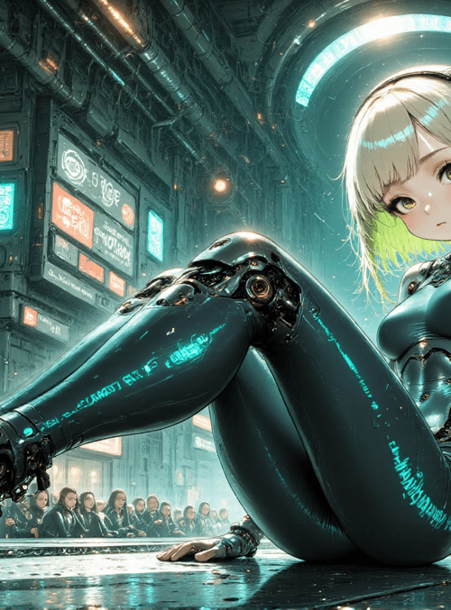 cyborg, anime girl, robot, neon, cityscape, futurism