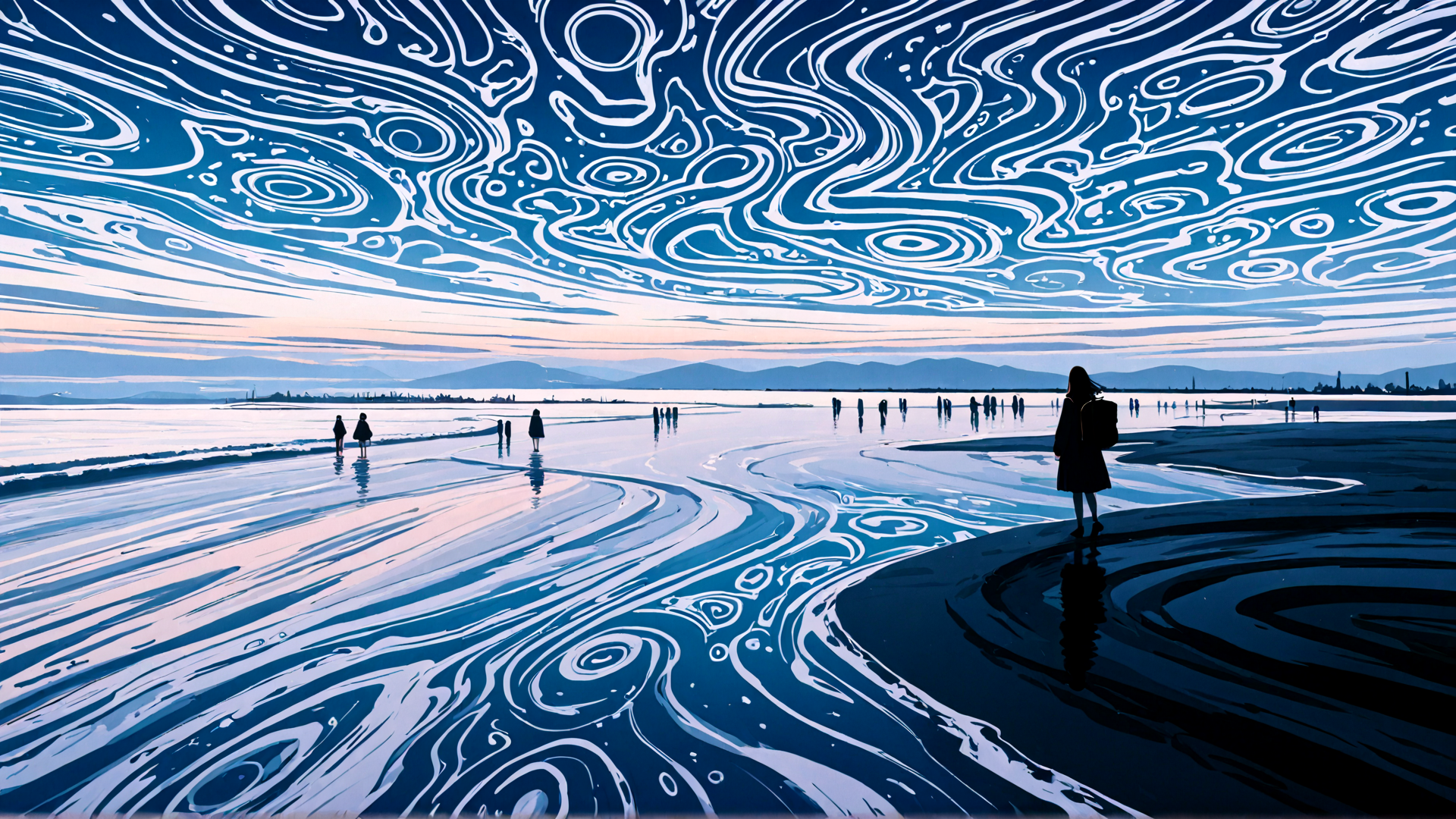 AI generated wallpaper featuring silhouette, people, beach