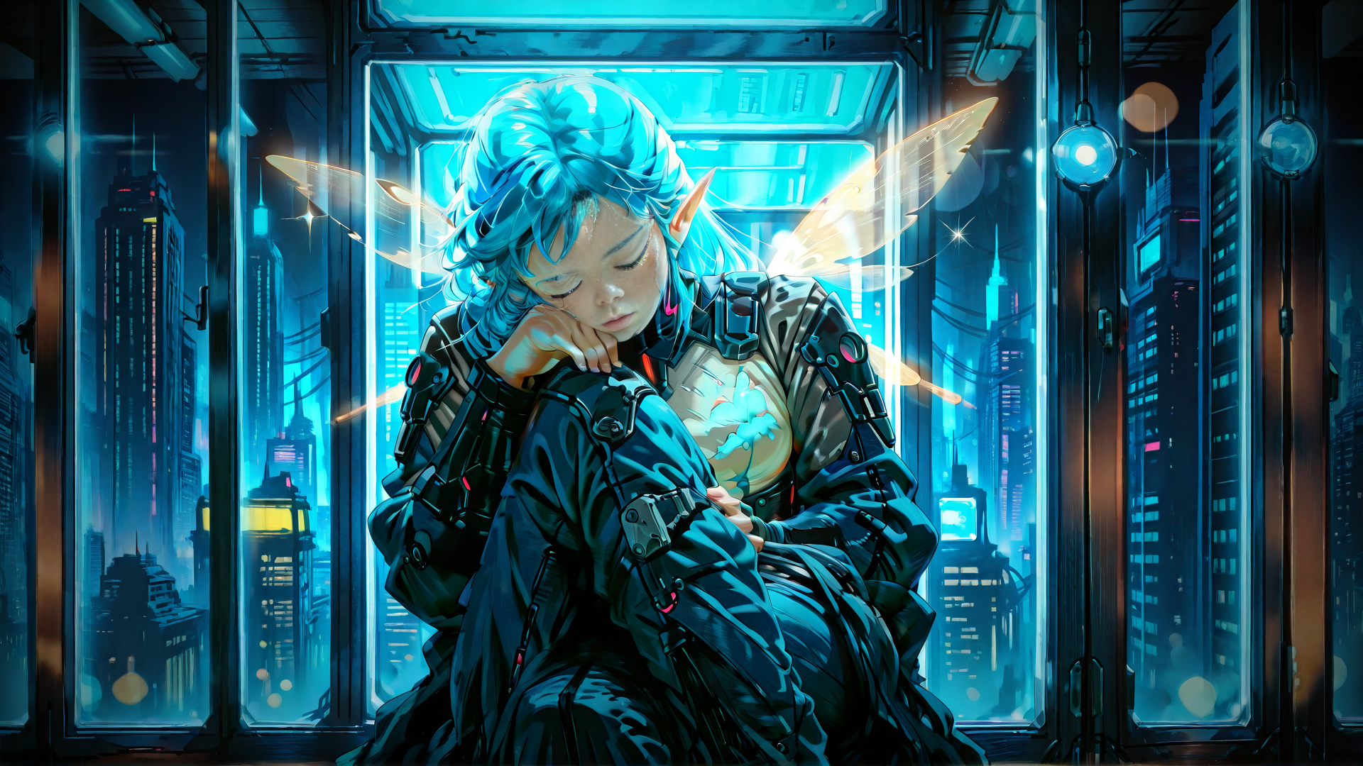 AI generated wallpaper featuring elf, mechanical, cityscape