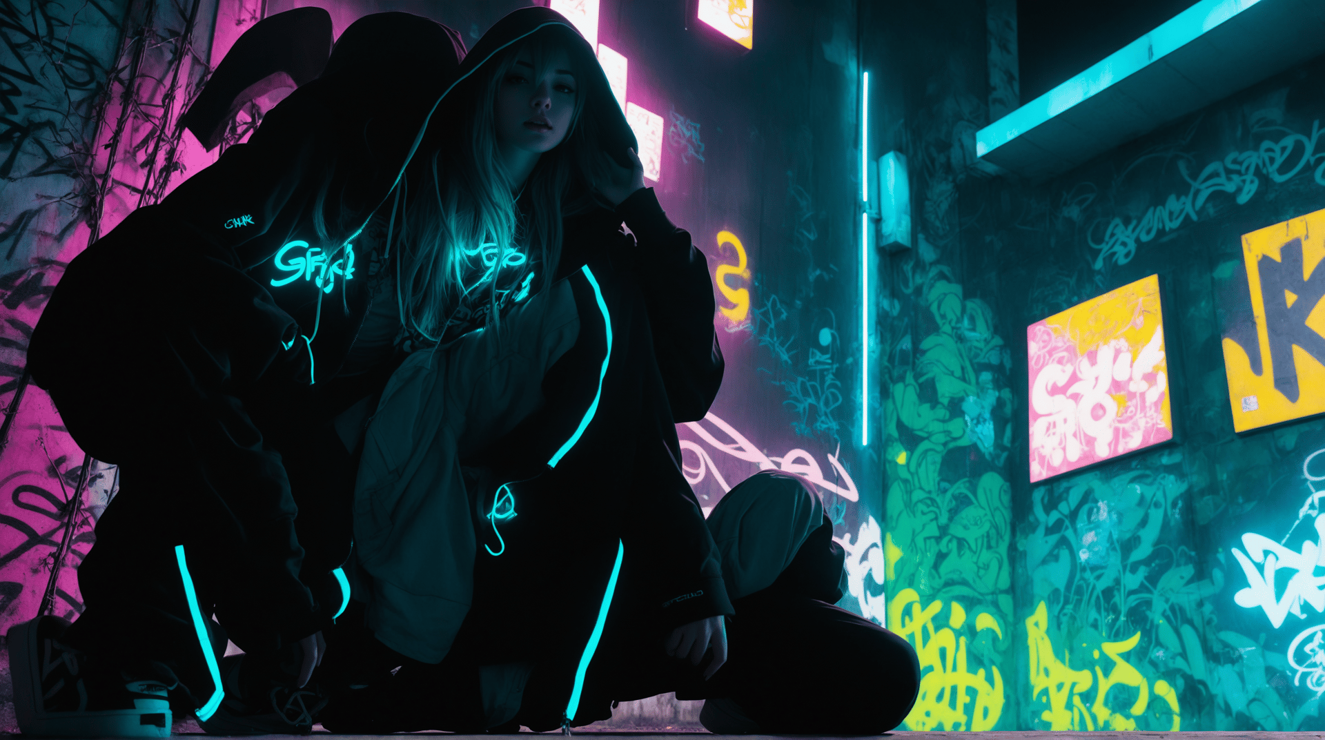 AI generated wallpaper featuring people, graffiti, neon