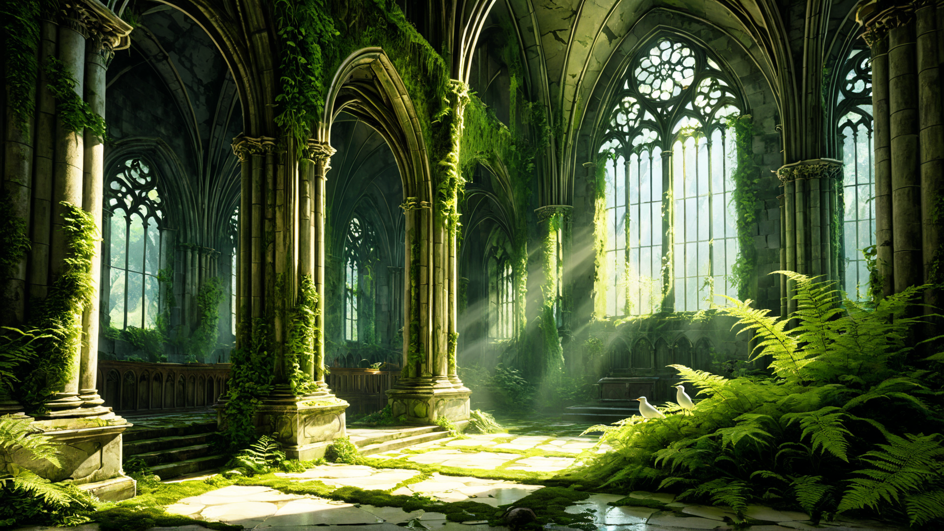 AI generated wallpaper featuring church, ivory, ferns, sunlight, stone, vines, birds, arches, gargoyle, stained glass