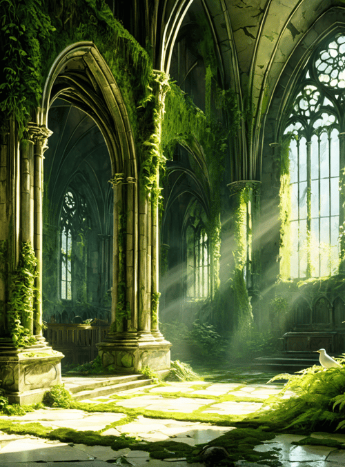 church, ivory, ferns, sunlight, stone, vines, birds, arches, gargoyle, stained glass