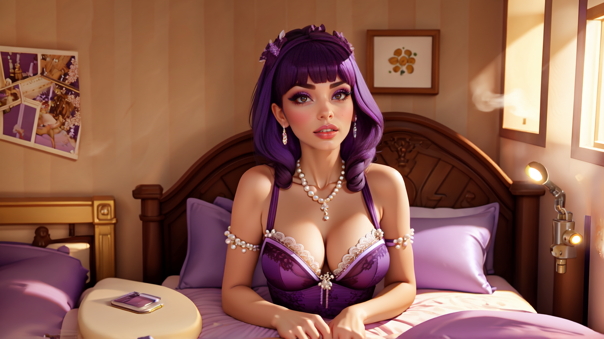 AI generated wallpaper featuring woman, bedroom, bed, jewelry, phone