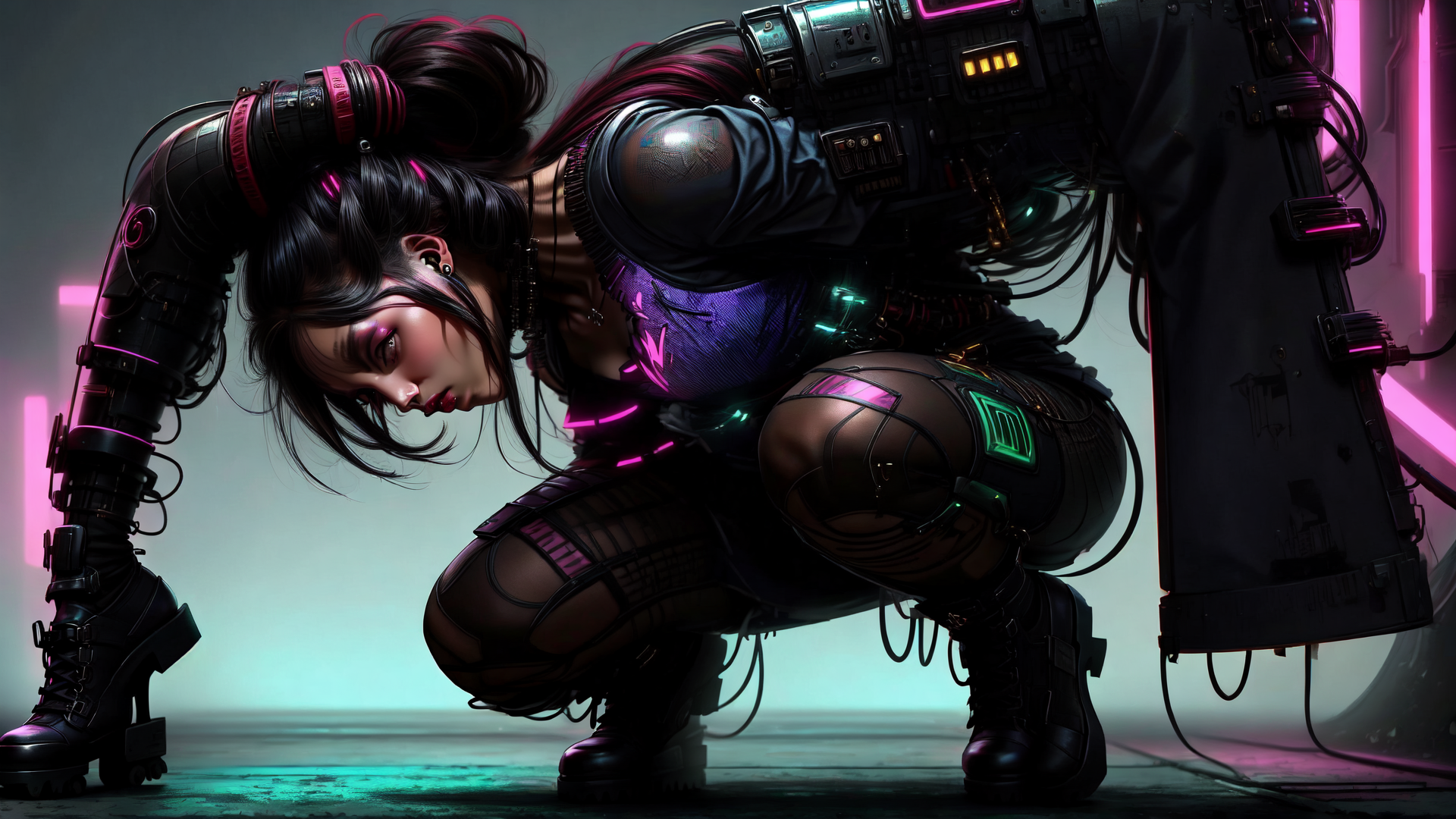 AI generated wallpaper featuring cyborg, girl, neon, mechanical, armor, punk, cyberpunk, futuristic, robotic, hacker
