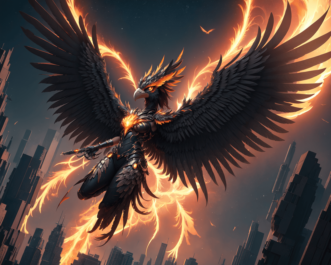 AI generated wallpaper featuring eagle, woman, fire