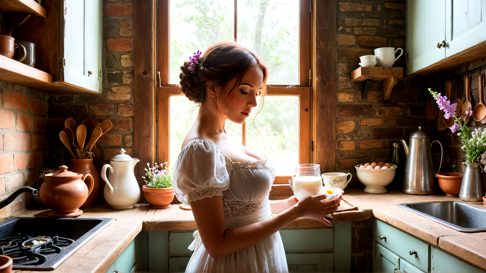 AI generated wallpaper featuring woman, kitchen, milk, egg, pot, teapot, flower, spoons, brick, window