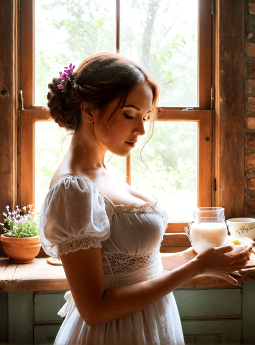 woman, kitchen, milk, egg, pot, teapot, flower, spoons, brick, window