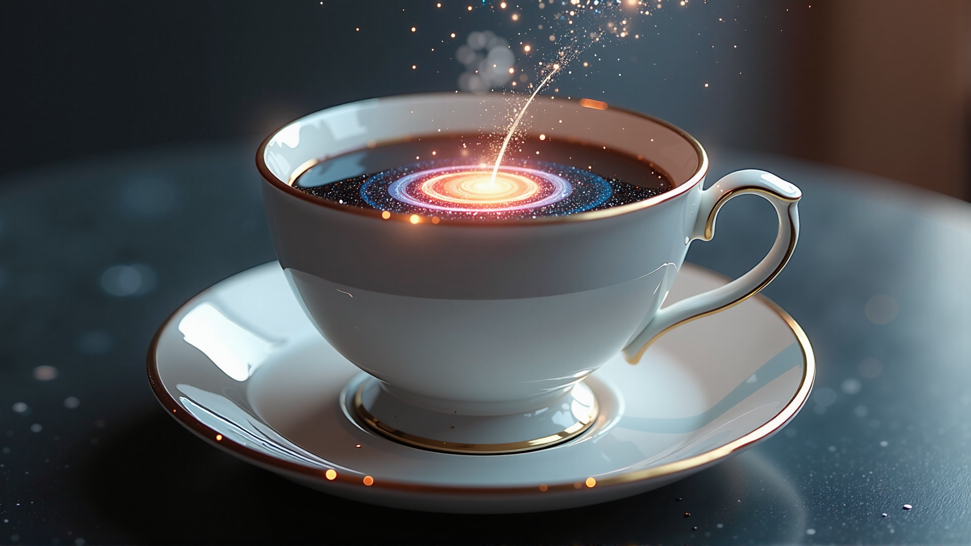 AI generated wallpaper featuring cup, saucer, galaxy, coffee, particles