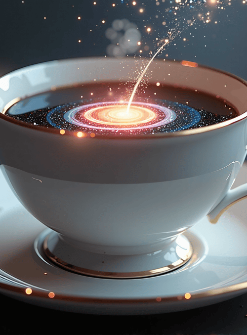 cup, saucer, galaxy, coffee, particles