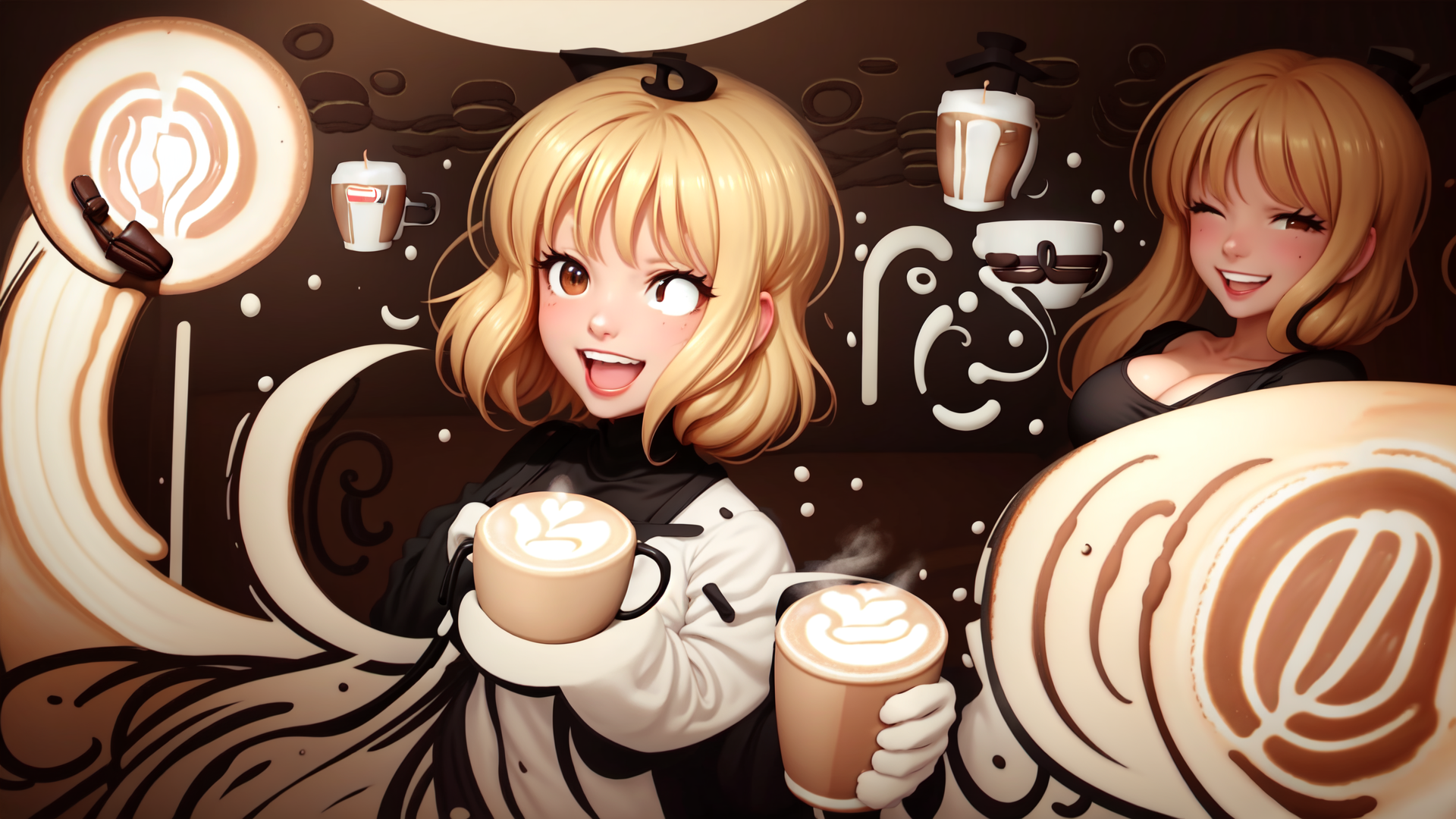 AI generated wallpaper featuring girl, coffee, cup, latte, barista, art, design, character