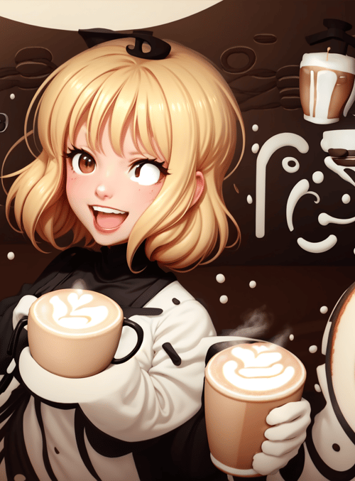 girl, coffee, cup, latte, barista, art, design, character