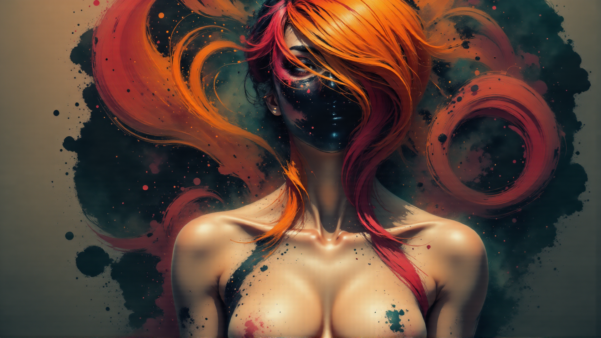 AI generated wallpaper featuring woman, hair, ink