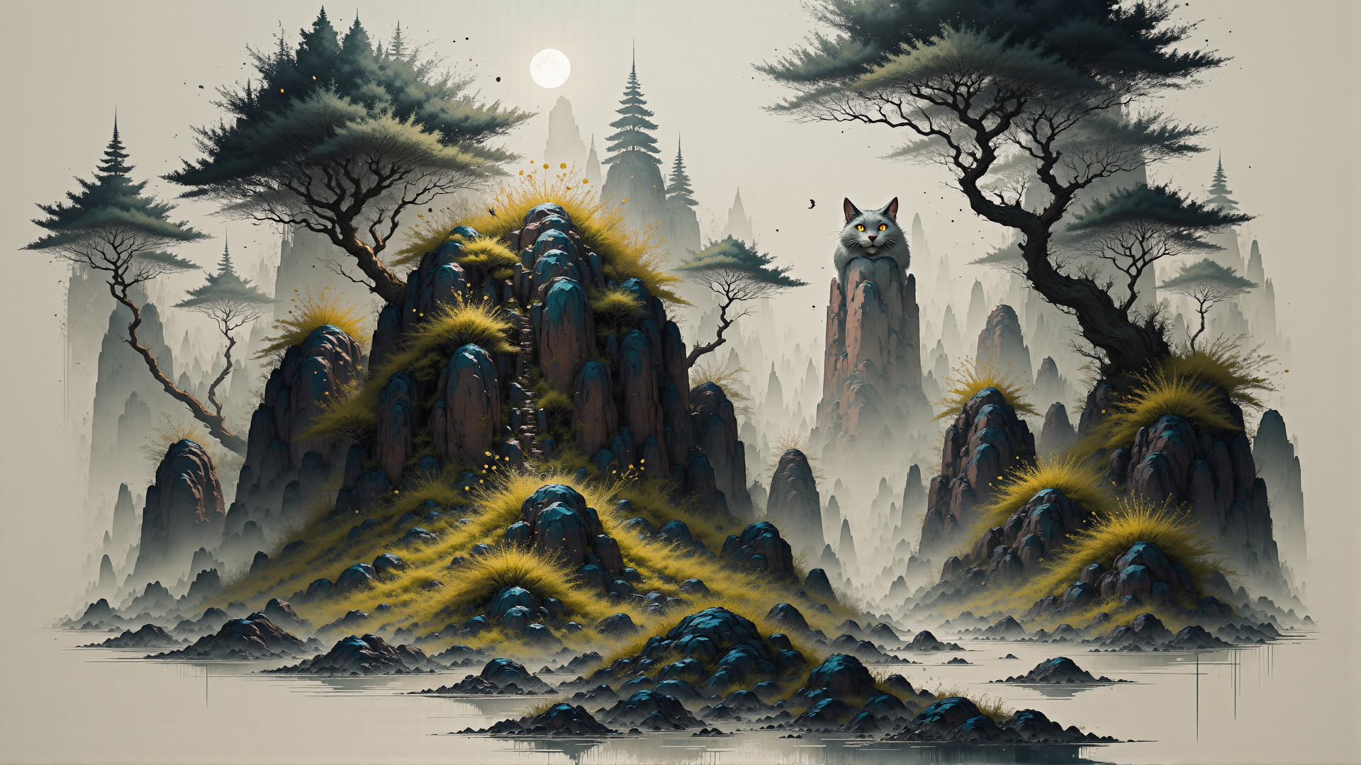 AI generated wallpaper featuring cat, mountains, trees
