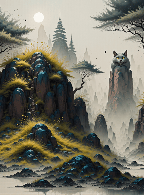 cat, mountains, trees
