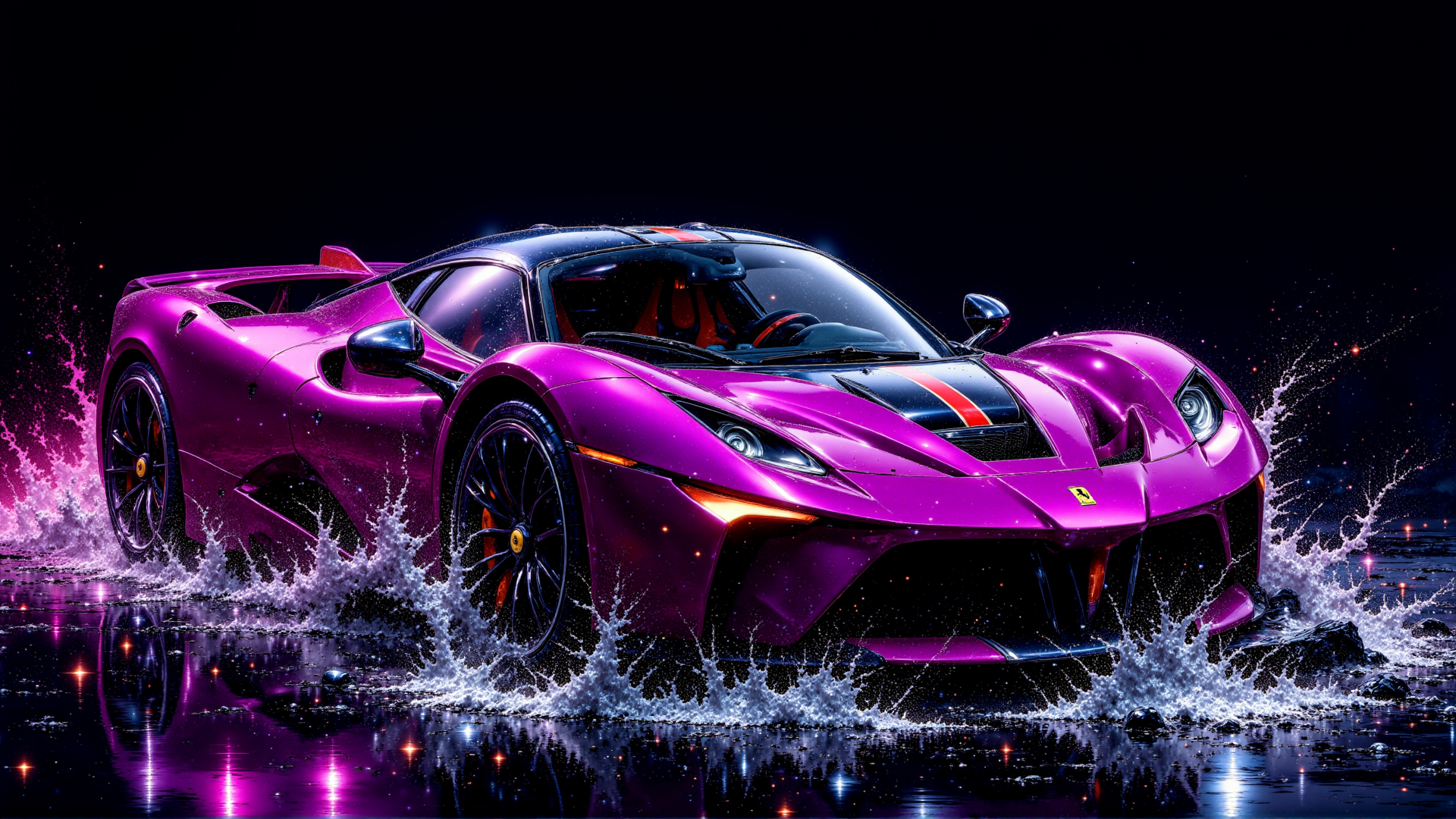 AI generated wallpaper featuring sports car, supercar, ferrari, water splash, night scene