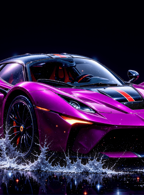 sports car, supercar, ferrari, water splash, night scene