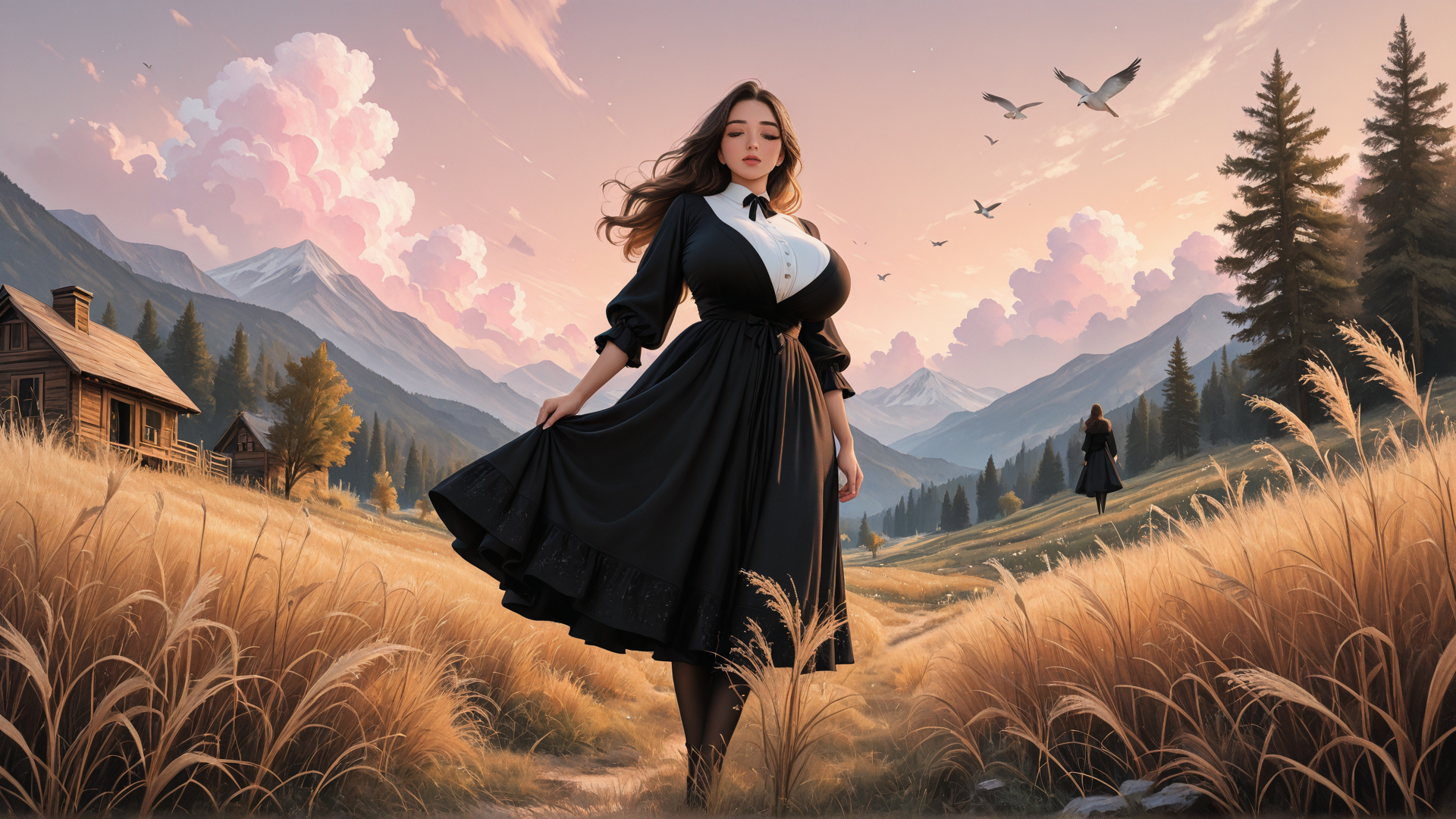AI generated wallpaper featuring woman, landscape, bird