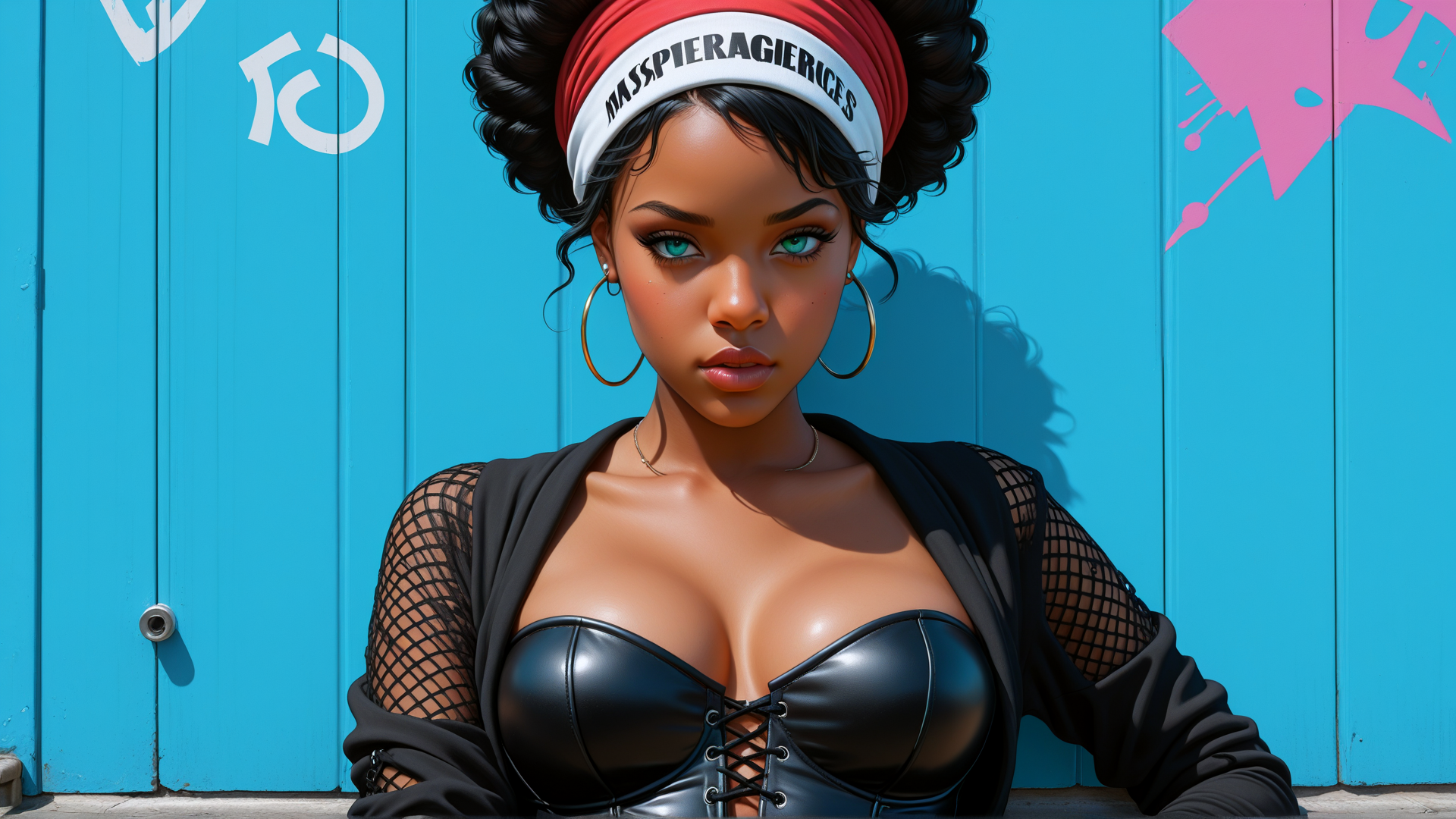 AI generated wallpaper featuring woman, headband, earrings, corset, mesh top, sweater, hair