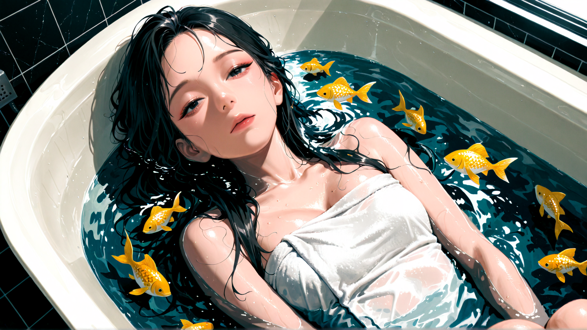 AI generated wallpaper featuring woman, bathtub, goldfish