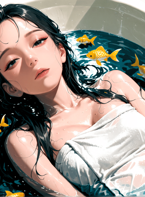 woman, bathtub, goldfish