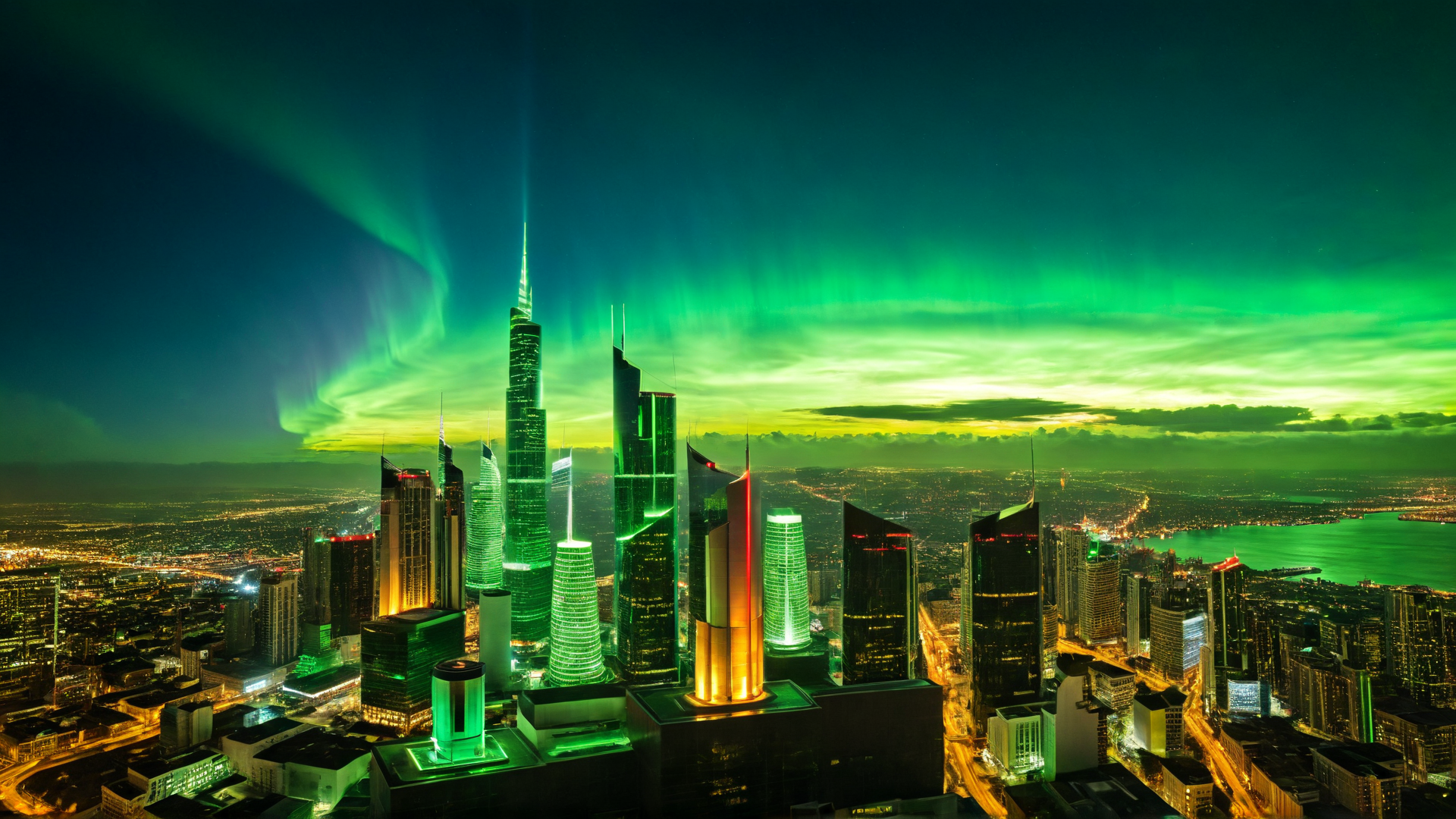 AI generated wallpaper featuring cityscape, skyscrapers, aurora