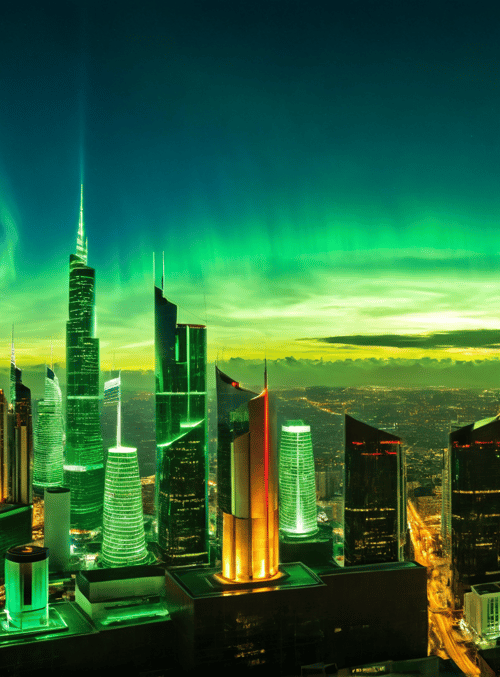 cityscape, skyscrapers, aurora