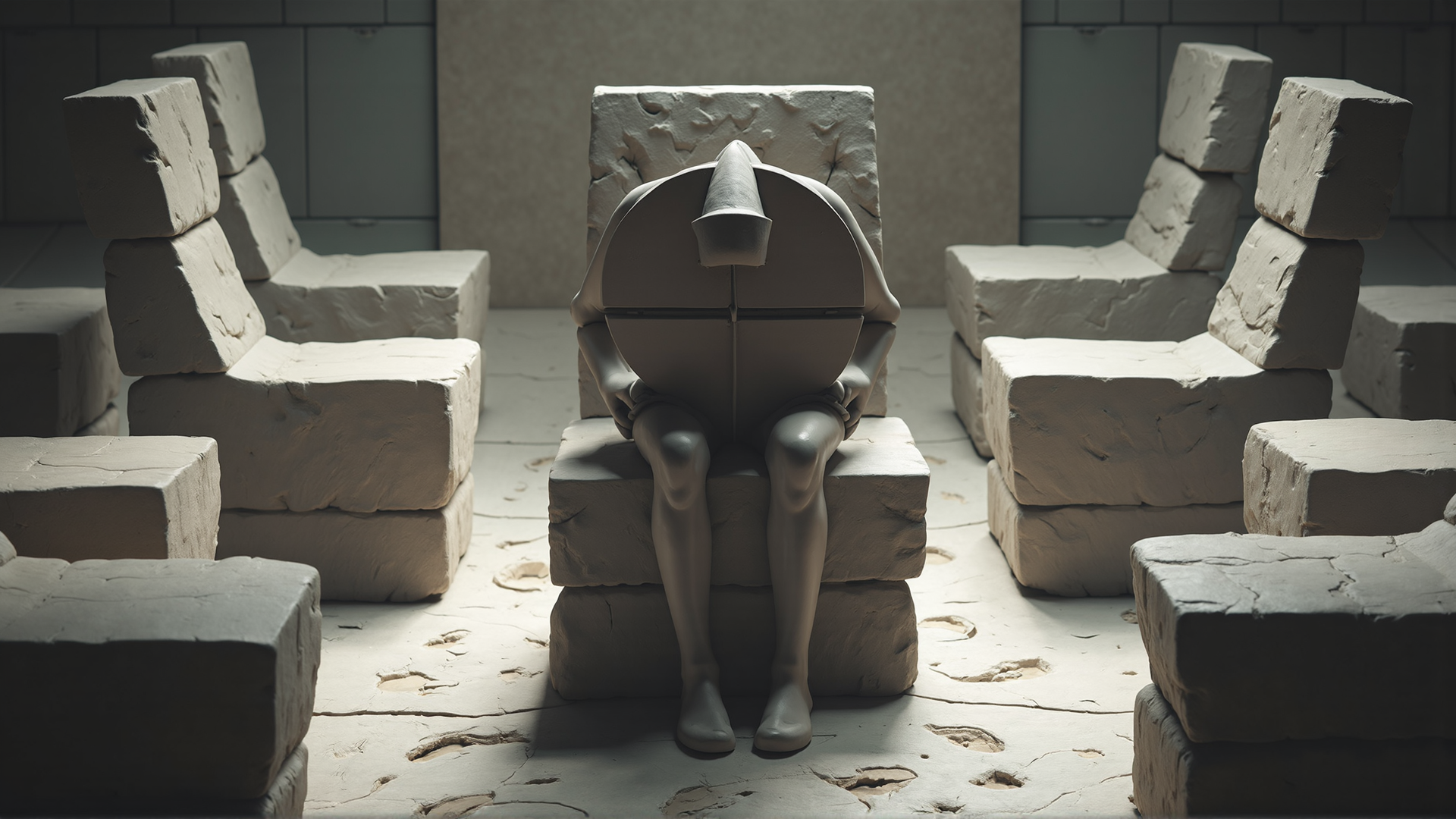 AI generated wallpaper featuring statue, blocks, chairs, figure, sitting, cubism, abstract, art installation, minimalist, concrete