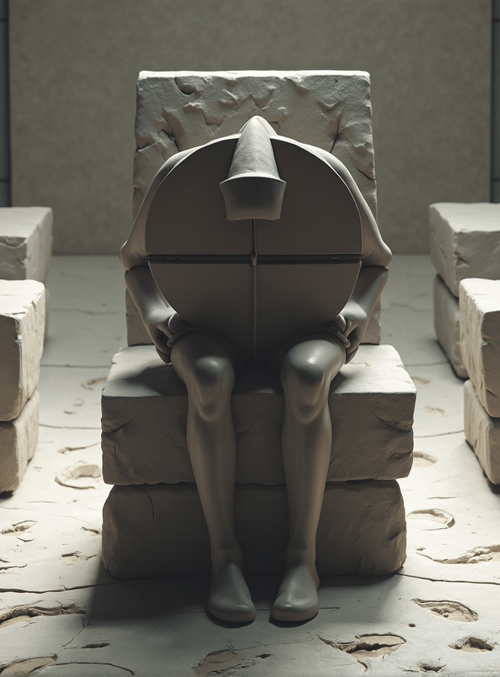 statue, blocks, chairs, figure, sitting, cubism, abstract, art installation, minimalist, concrete