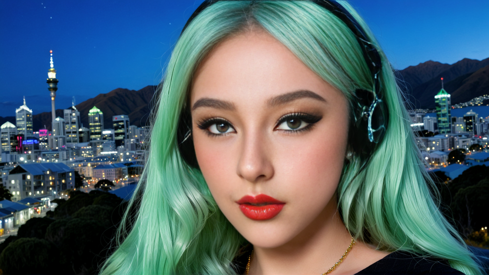 AI generated wallpaper featuring woman, headphones, cityscape